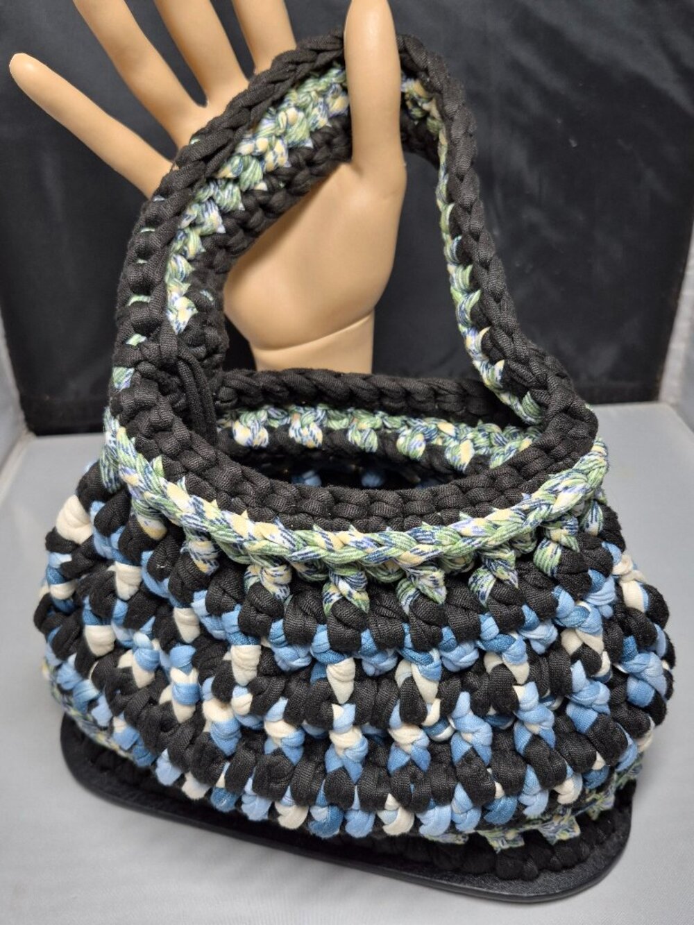 Handmade Crochet T-Shirt Yarn Tote Bag | Chunky Knit Mosaic Purse Blue Black